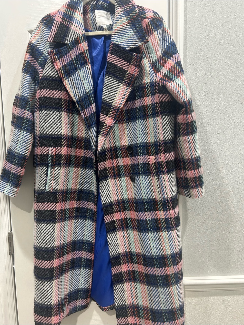Avec Les Filles Plaid Wool-Blend Long Coat in Pink, Navy & White